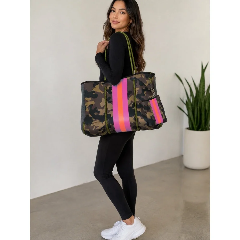 Camo Neoprene Tote Bag Carry On, Travel Gym Bag Pink Orange with Pouch Large